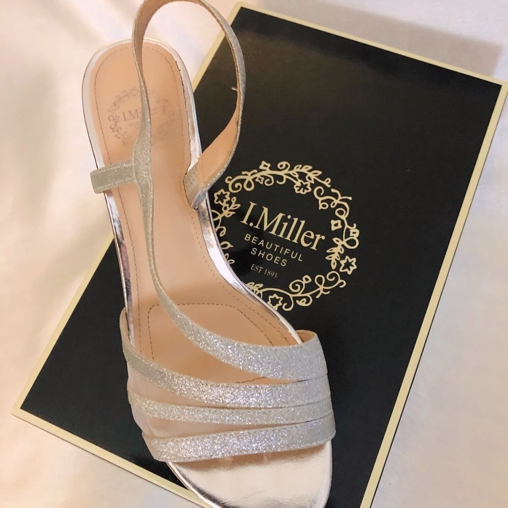Silver Glittery kitten heel dance shoes.